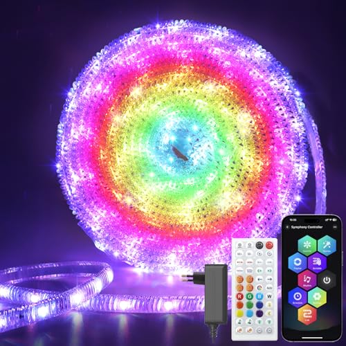 Kristall 10M Intelligente LED Streifen RGB mit Chip, DIY Farbwechsel Musik-Synchronisierung Lichterstreifen mit Fernbedienung und APP Wasserdicht für Party, Gaming und Raumdekoration