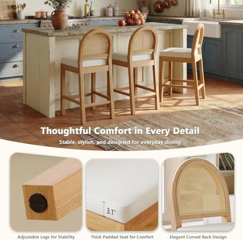 Image of Upholstered Rattan Bar Stools Set of 2, Wooden Island Chairs, Cream White