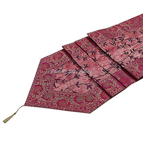 Image of Decorative Dining Table Runner Magenta Purple 6 Feet Party Decor Floral 72 Inch Long Banarsi Brocade Jacquard Embroidered Ari Zari Tablecloth Rectangle (72 x 14 Inch)