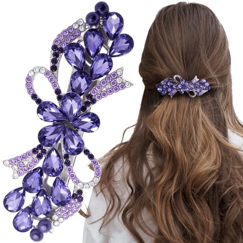 Joez Wonderful Rhinestone Hair Clip Sparkly Crystal Barrettes French Wedding Prom Engagement Pageant First Communion Hair Decorative Accessories for Women Long Hair (Bow Purple 1 Pcs)