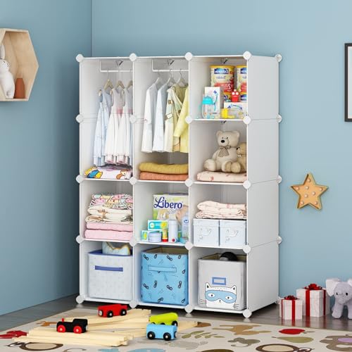 Image of VIPZONE Baby Closet,Dresser, Kids Closet Organizers, Portable Kids Wardrobe for Closet, Bedroom, Nursery, Cubby, Cabinet, Clothes, Dress, Baby Storage Shelf, Armoire Clothes Hanging (12 Cube, White)