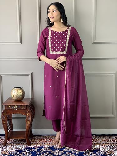 Image of Naixa Women's Viscose Embroidered Straight Kurta with Viscose Pant and Silk Blend Printed Dupatta Sets (NK-430)