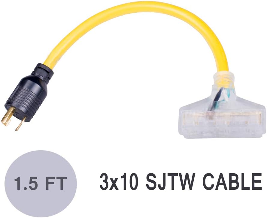1.5FT Heavy Duty Generator Extension Cord,Generator Locking Cord,NEMA L5-30P/Three 5-15R, 3 Prong 10 Gauge Flexible Generator Cable, Generator Power Cord,30Amp 3750 Watts Yodotek