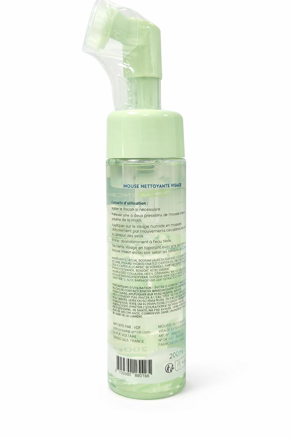 Mousse Nettoyante Visage Aloe Vera 200ml avec Brosse Intégrée – Nettoie, Démaquille et Purifie – Soin Quotidien Hydratant – FRENCH Beauté