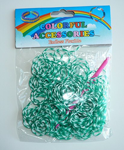 Sachet de 200 élastiques col. Vert et Blanc pour Bracelet + Attaches + 1 Crochet
