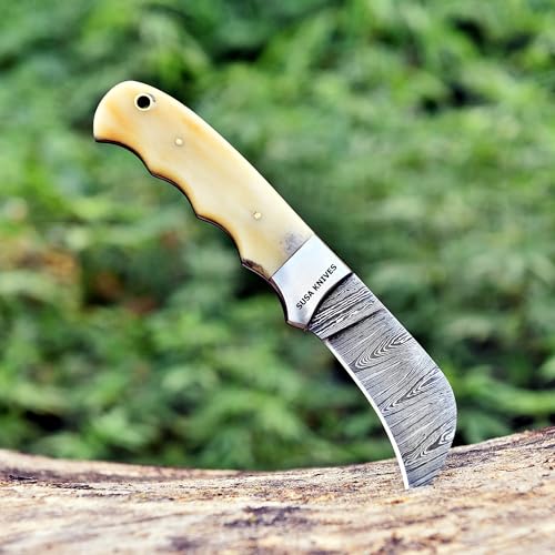 Susa Knives 335 Custom Handmade 7'' Hawkbill Fixed Blade Damascus Steel Knife Electricians Knife/Lineman’S Hawkbill Knife thumb #1