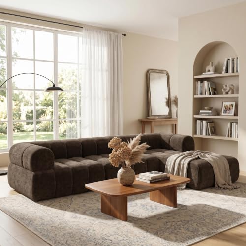 Image of Christopher Knight Home Mania 122 inch Modular L-Shape Sofa Couch with Chaise Lounge, Modern Sectional Sofa Set for Living Room, Boucle Fabric Upholstered Cloud Couch with Deep Seat, Dark Brown
