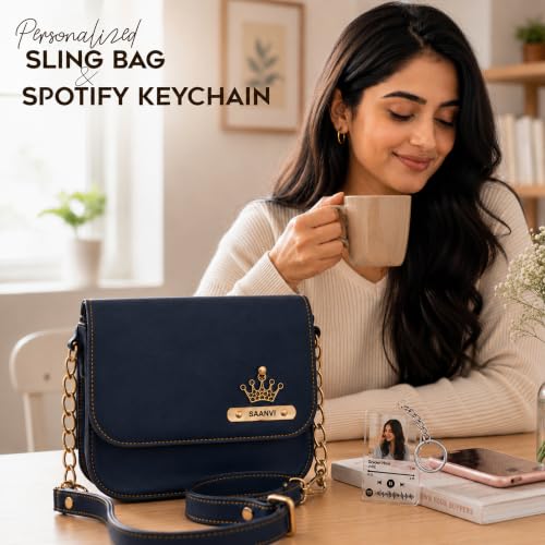 Image of SAVRI Personalized Rakhi Gift for Sister | Customized Leather Sling Bag with Name & Charm and Spotify Photo Keychain with Favourite Song, Personalised Gift Combo for Sister, Behan, Didi- Bro Sis Gift