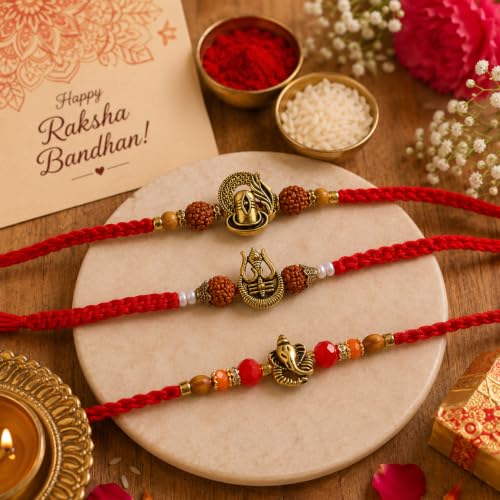 Image of Premium Set of 3 Rakhi for Brother with Greeting Card | Raksha Bandhan Trishul Design Rakhee Thread | Shivling & Ganesha Rakhi Gift Set for Brother, Bhaiya & Bhabhi | Traditional Designer Rakhi Combo