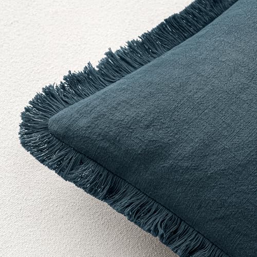 Image of MIULEE Decorative Throw Pillow Covers Neutral Linen Fringe Throw Pillows Euro Shams Set of 2 Navy Blue Boho Farmhouse Cushion Covers for Couch Sofa Bed Living Room Spring Home Decor 24x24 Inch