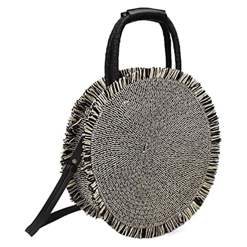 YCSMJYB Womens Hand-woven Straw Shoulder Bag,Straw Bags For Women, Women Fashion Woven Handbag Tote Shoulder Bags Summer Beach Casual Rattan Straw Wicker Circle Bag Retro (Color : Black) Cover