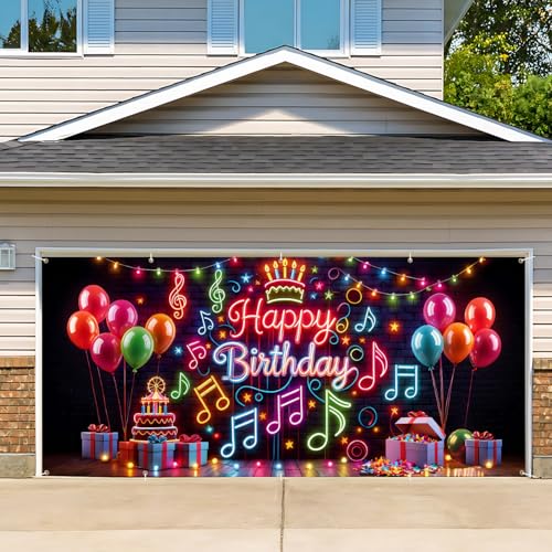 Neon Birthday Garage Door Banner 7x16ft Glow in Dark - Colorful Music Notes & Balloon Backdrop,Glow Party Decor for Adults,Photo Booth Background