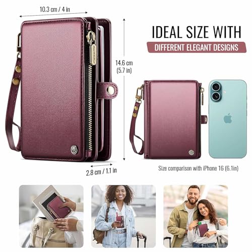 Image of Passport Wallet with AirTag Holder, RFID Blocking Passport Holder for Travel Family, PU Leather Document Organizer with 11 Card Slots & Wrist Strap, Wine