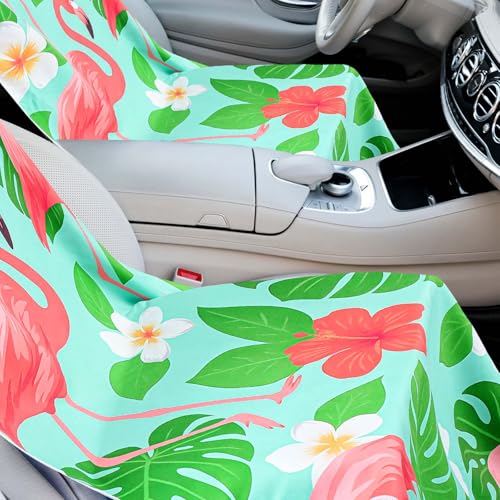 Image of Hahafelt 2 Pack Car Seat Towel Cover with Storage Bag, Green Leaf Flamingo | 63 x 32 in Car Towel Seat Cover Non Slip Waterproof, Gym Workout Swimming Running, Machine Washable Sweat Absorbent Protector