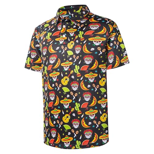 Men's Golf Shirts for Mens Polo Shirts Moisture Wicking Mexican Skeleton Day Dead Skull Holiday Print Collared Mens Golf Polo Shirts Short Sleeve Dry Fit Polo Shirts for Men, 3X-Large