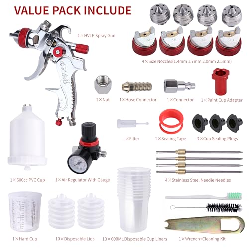 Zeinlenx 2008-4-RED Hvlp Spray Gun With 10Pcs 600Ml Disposable Paint Cups, Automotive Gravity Feed Spray Gun Kit thumb #2
