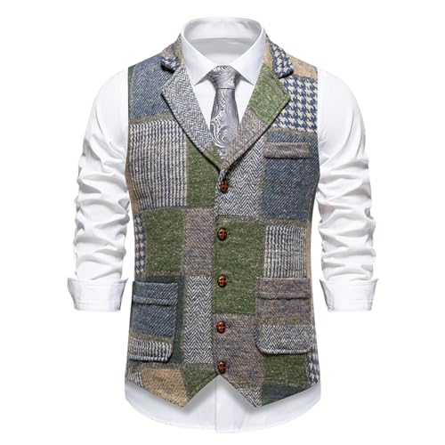 MakingDa Patchwork Waistcoat Mens Casual Vintage Slim Fit V-Neck Single Breasted Waist Coats with Pocket for Wedding Party Business-Green-L