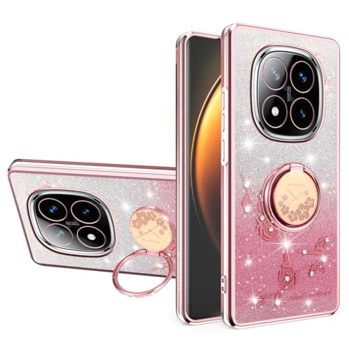 MRRSIWEI Glitter Case for Xiaomi Redmi Note 15 Pro 4G, Luxury Plating Bling Sparkle Flowers Shockproof for Women Girls Case with Ring Stand for Xiaomi Redmi Note 15 Pro 4G.Flowers Pink