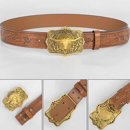 Image of UTOWO Rodeo Western-Longhorn-Bull Cowboy-Belt for Women-Men Bull-Floral-Embossed PU-Leather Cowgirl Waist Belt for Jeans