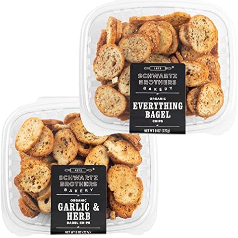 Everything & Garlic Bagel Chip Sampler, Schwartz Brothers Twice Baked, Fresh, Organic, Kosher, Artisanal, Vegan. Perfect for parties and picnics. (4 pack / 8 oz containers) Cover