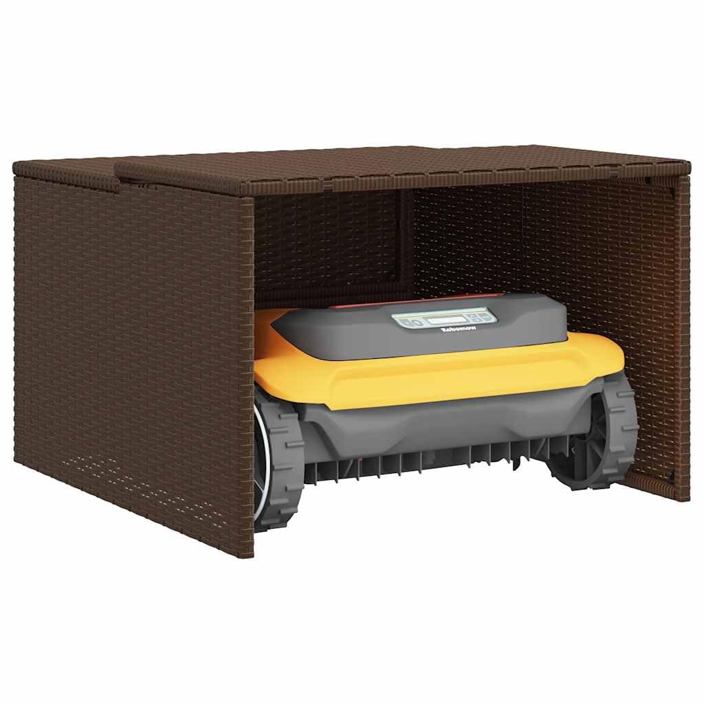 Garaje para robot cortacésped marrón de poliratán con marco de acero recubierto de polvo, 86 x 90 x 52/57 cm, funda protectora impermeable para robot cortacésped, protección UV, impermeable