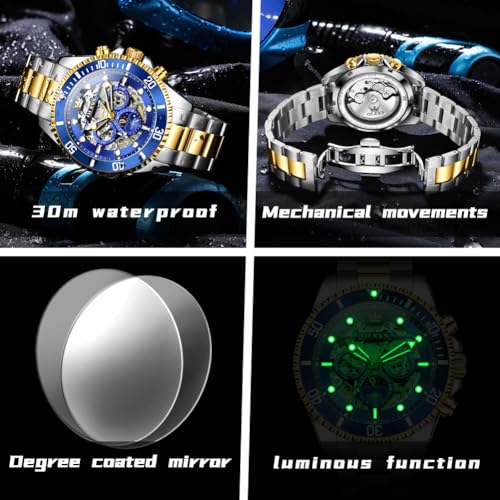 Image of OLEVS Men Automatic Watch Diamond Skeleton Mechanical Luxury Self Winding Moon Phase Calendar Waterproof Wrist Watch for Men