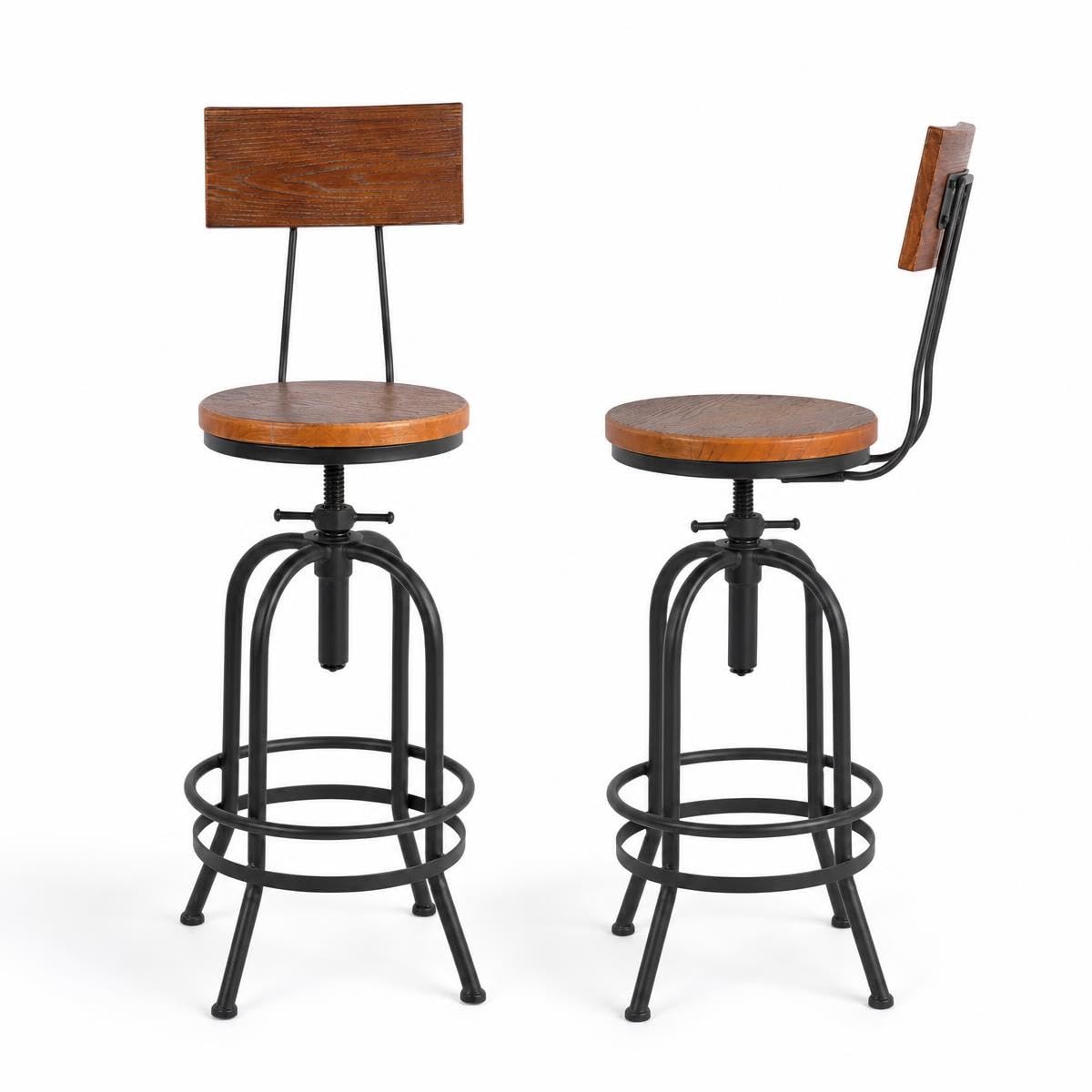 Set mit 2 industriellen Barhockern mit Rückenlehne, drehbarer Holzsitz, Barhocker, höhenverstellbar, 66–81,8 cm, Kücheninsel, Esszimmerstuhl
