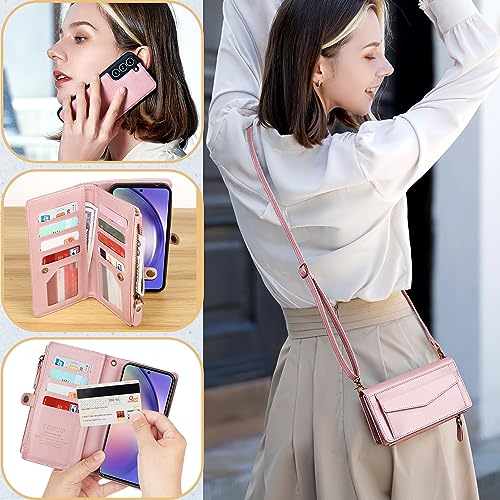 DKDKSIP for Samsung Galaxy S25 Case Wallet for Women Men, Wireless Charging with RFID Blocking Card Holder, PU Leather Crossbody Strap Detachable Magnetic Phone Shell Purse 5G 6.2\", Pink
