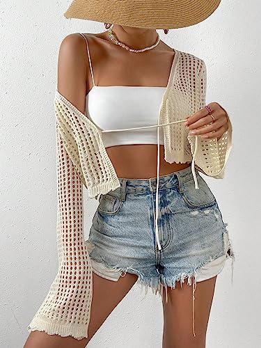 SHENHE Women's Tie Front Tops Bell Long Sleeve Knit Crochet Cardigan Crop Top4