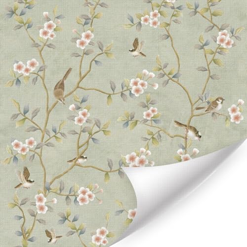 LHIUEM Vintage Chinoiserie Bird Floral Peel and Stick Wallpaper 17”X118” Sage Green Botanical Watercolor Flower Removable Self Adhesive Contact Paper Renter Friendly Wall Paper for Bedroom Bathroom