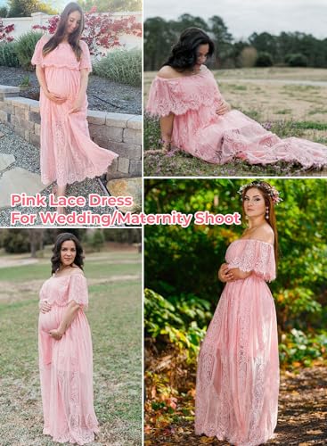 Image of HOYISHION Women's Off The Shoulder Floral Lace Maxi Dress White Bridesmaid Wedding Party Maternity Photoshoot Long Dresses