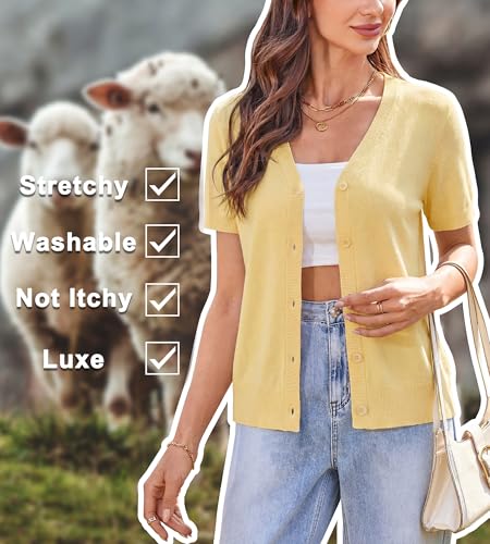 Image of Arach&Cloz Women's Wool Blend Short Sleeve Lightweight Cardigan Business Casual Summer Sweaters Tops