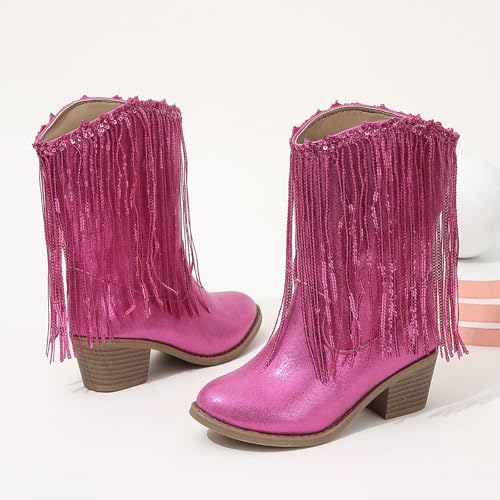 Cowboy Boots for Girls Fringe Western 𝗥hinestone Sparkly Chunky Heel Tassle Mid Calf Kids Pointed Toe Riding Boots2