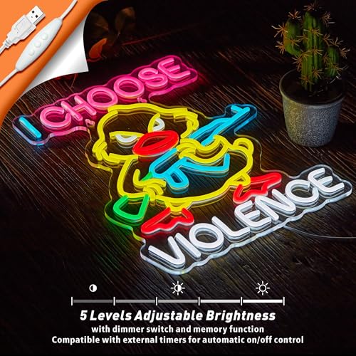 Image of I Choose Violence Duck Neon Sign Goose Gun LED Light AK 47 Decor, USB Powered Dimmable Morale Art Signs for Pub Store Man Cave Room 16.5 X 12.6 inch
