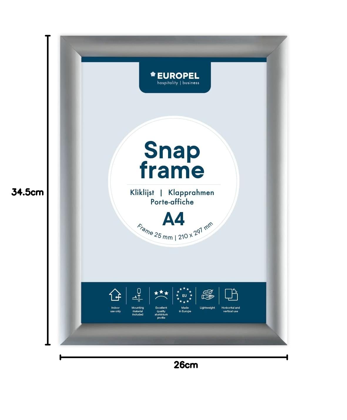 EUROPEL 355001 składana rama A4 z profilem aluminiowym 25 mm – rozkładana ramka na plakat z narożnikiem ukośnym – ramka na m.in. plakaty, certyfikaty, zdjęcia i materiały reklamowe - srebrna, 355001