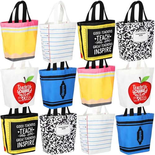 Sunnymove 12 Pcs Back to School Teacher Gifts for Women 9 x 4 x 8 Inches Mini Canvas Tote Bag Bulk with Handle Thank You Teacher Reusable Shopping Bag Classroom School Supplies