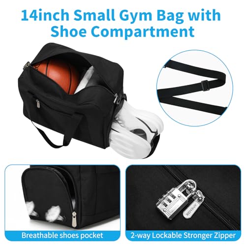 Image of Apenze Small Gym Bag 14 inch lightweight Carry On Mini Duffel Bag with Shoe Compartment for Travel Sport - Black