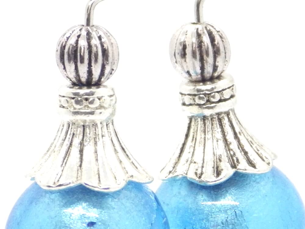 Conjunto de joyería pendientes, collar y pulsera en acero inoxidable, hematites y cuentas de cristal de Murano azul turquesa