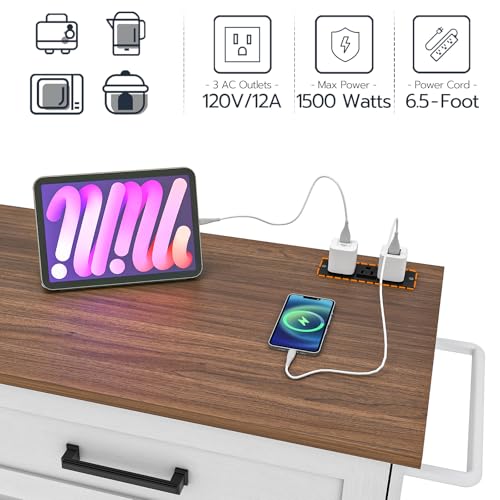 HOOBRO-Kitchen-Island-with-Power-Outlet-Rolling-Kitchen-Island-with-Barn-Doors-Kitchen-Cart-on-Wheels-Kitchen-Island-Table-with-Drawers-Open-Shelves-for-Kitchen-White-and-Walnut-WH28UZD01 HOOBRO Kitchen Island with Power Outlet Rolling Kitchen Island with Barn Doors Kitchen Cart on Wheels Kitchen Island Table with Drawers Open Shelves for Kitchen White and Walnut WH28UZD01
