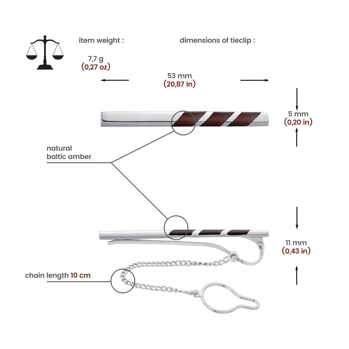 Alfiler de corbata para hombre de plata con ámbar, estilo moderno, ámbar natural, color cereza, regalo para hombres