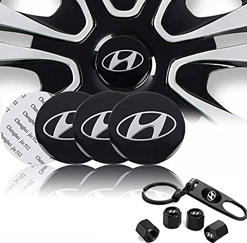 9Pcs Set 56mm(2.2in) Hyund-a-i Logo Emblem Badge Wheel Hub Caps Centre Cover Stickers+4PCS Tire Valve Stem Caps Cover with Keychain for Hyund-a-i.