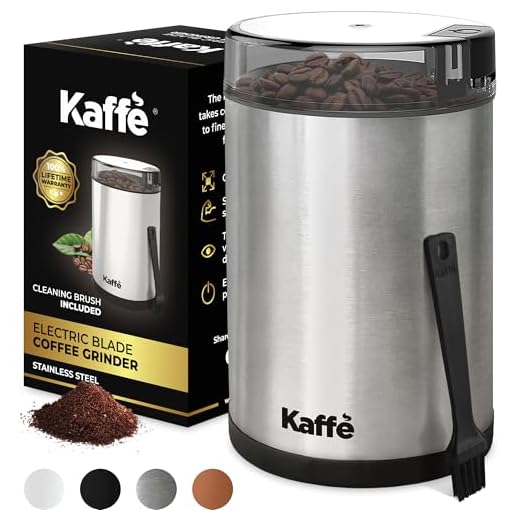 Kaffe Coffee Grinder Electric - Spice Grinder w/Cleaning Brush, Easy On/Off - Perfect for Espresso, Herbs, Spices, Nuts, Grain - 3.5oz / 14 Cup. Stainless Steel