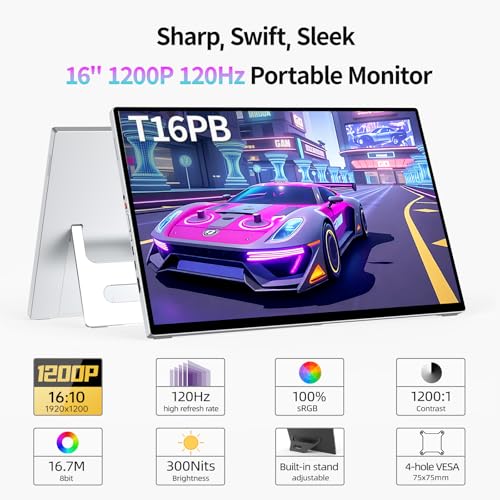 Image of Intehill 16 inch 120Hz Touchscreen Portable Monitor, Portable Gaming Monitor w /Stand & Speakers, 16:10 Display with Full Laminated Tempered Glass, Touch Screen Travel Monitor for Laptop, T16PB (Silver)