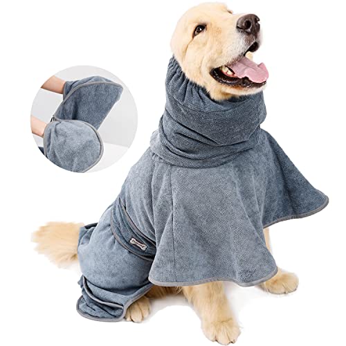 Hundebademantel, Mikrofaser-Hundehandtuch mit Klettverschluss, Sehr Saugfähig, Verstellbarer Kragen und Trocknungshandschuh-Design, Spritzwassergeschützt, Geeignet für Große und Mittlere Hunde(L) Cover