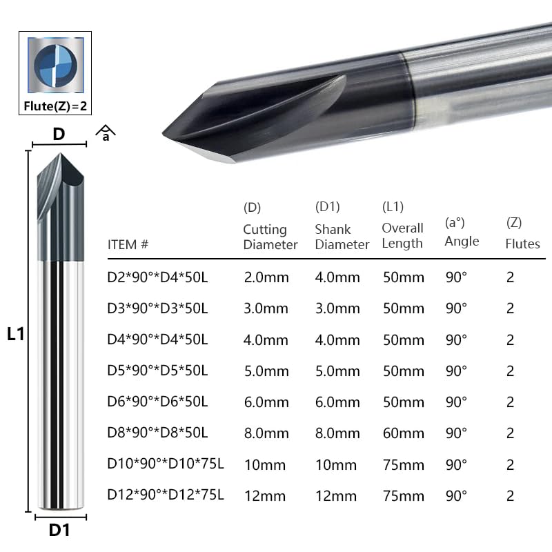 Ddyspan Chamfer Milling Cutter 2-12mm 90 Degree CNC Machine Router Bit 2 Flutes Carbide End Mill Milling Tools,2x4x50L