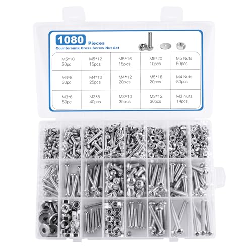 1080PCS Round Head Screws Nuts Flat Washers Assortment Kit M3/M4/M5/M6 Cross Pan Head Machine Screws and Hex Bolts and Nuts Sets