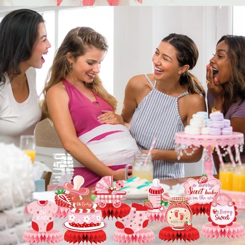 Image of Strawberry Baby Shower Decorations - 9PCS Berry Sweet Baby Shower Decorations Supplies A Berry Sweet Baby Is on the Way Decor Strawberry Honeycomb Centerpieces Baby Shower Party Table Decor