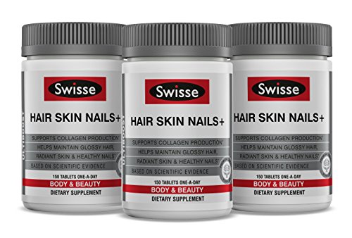 Swisse Ultiboost Hair Skin Nails Tablets, Three Pack (150 Tablets/Bottle), Beauty Formula, Contains Vitamin C, Iron, Zinc to Supports Collagen Production for Healthy Hair, Skin and Nails*