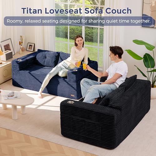 Image of MAXYOYO 63 inch Boneless Loveseat Sofa Couch for Small Spaces, Mini Love Seat Floor Couch with Cup Holders and Pillows, 2-Seater Upholstered Cloud Couch for Bedroom Apartment, No Assembly Required