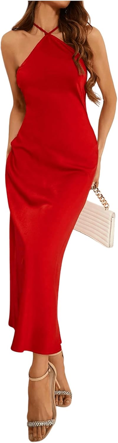 SOLY HUX Women's Halter Cami Dress Sleeveless Backless Bodycon Cocktail Party Satin Long Dresses